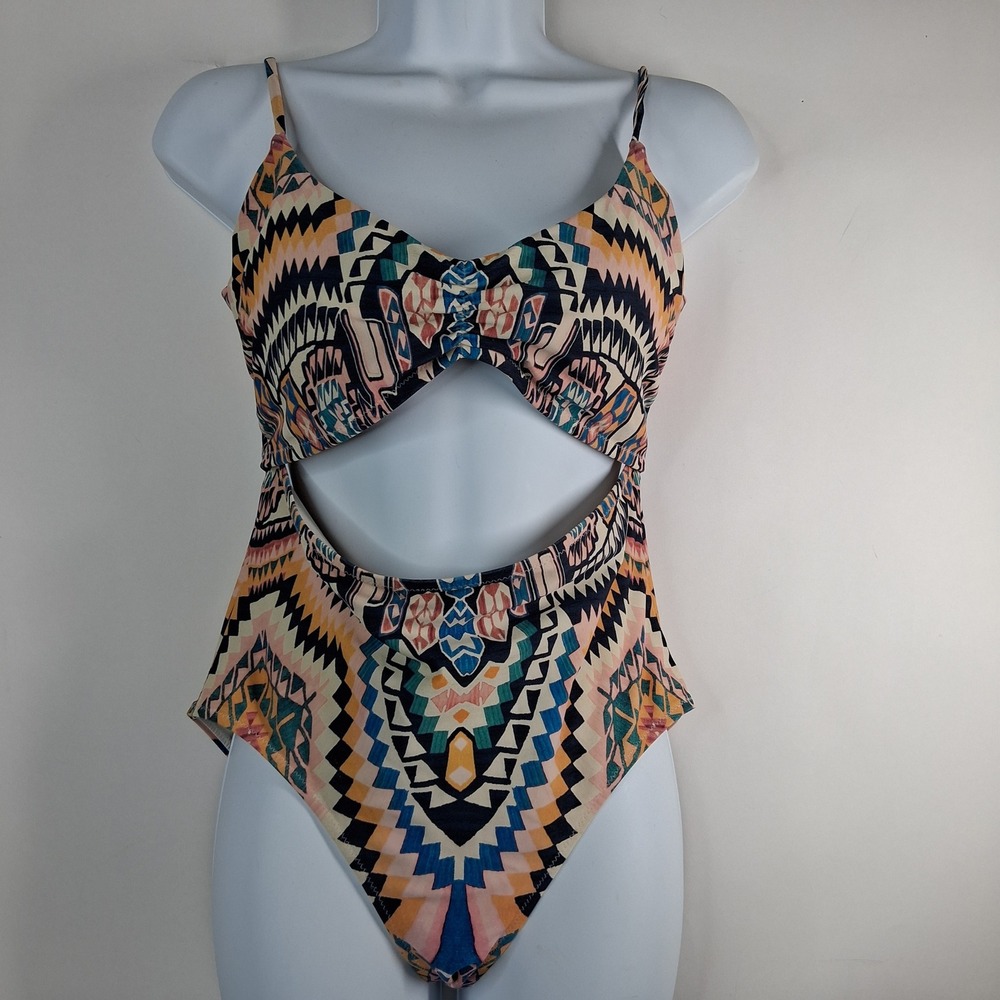 Athleta One Piece Swimsuit Cutout Geometric Tribal Print Multi XS